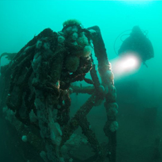 Underwater photographer Kitty Jempson, wreck and scuba diver