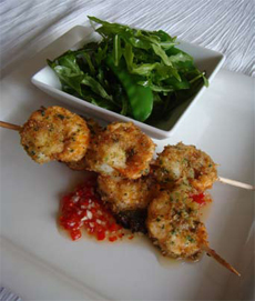 Langoustine Skewers with Chilli Garlic Dressing, Rocket and Mange Tout Salad